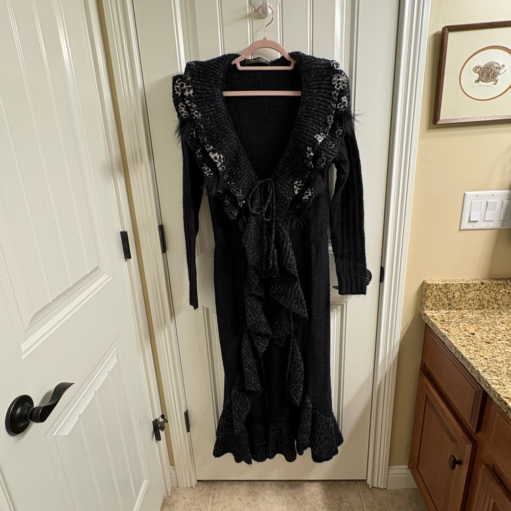 Forla Paris Charcoal Embellished Ruffle Wool Mohair Blend Long Cardigan Sweater